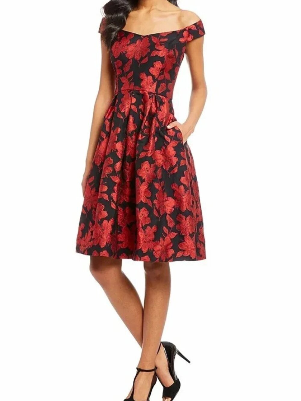 Calvin Klein Off Shoulder Red Black Floral Jacquard Fit & Flare Dress